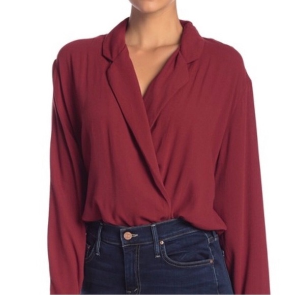 Free People Elsa Bodysuit Top Wine Size Large Surplice Neck Long Sleeve - Picture 3 of 11